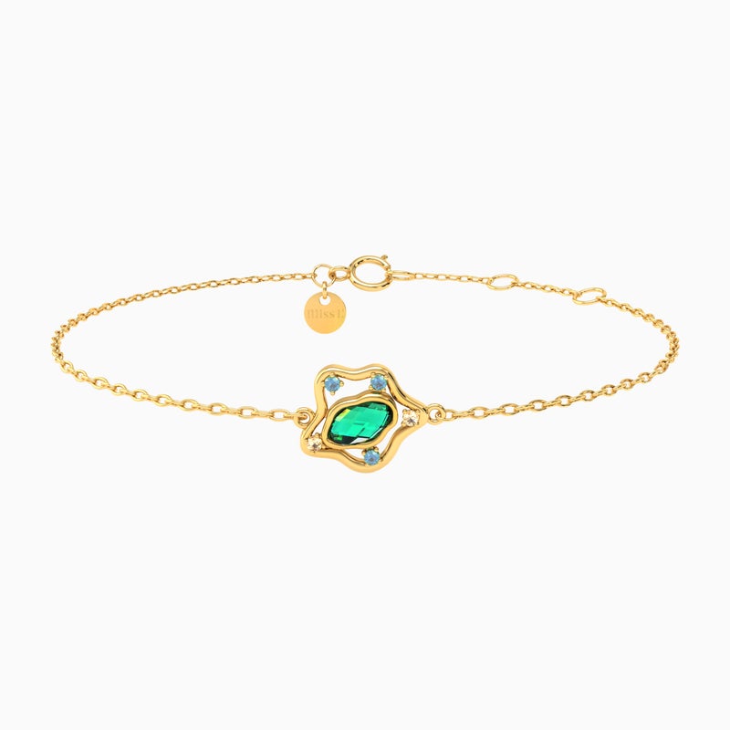 Miss L' by L'azurde Flower Green Stones Chain Bracelet in 14K Gold - Image 1